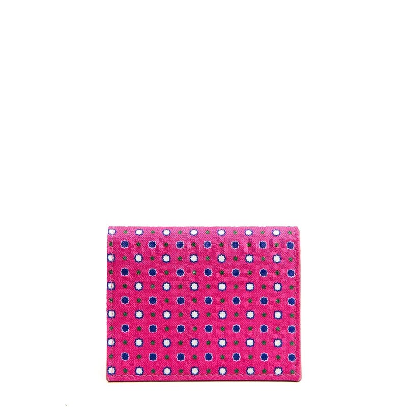 FUCSIA SILK AND LEATHER FOLDING CARD HOLDER