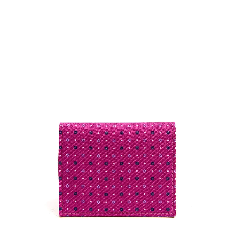 FUCSIA SILK AND LEATHER FOLDING CARD HOLDER