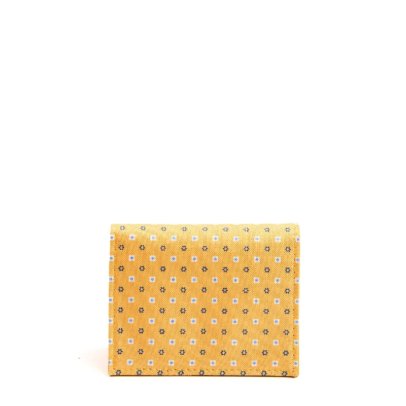 YELLOW SILK AND LEATHER FOLDING CARD HOLDER