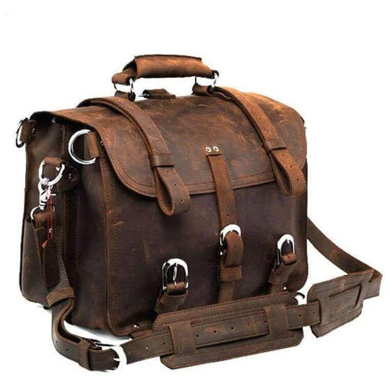 Full Grain Cow Leather Briefcase Backpack - Brown