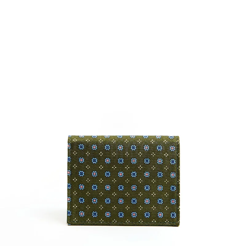 DARK GREEN SILK AND LEATHER FOLDING CARD HOLDER