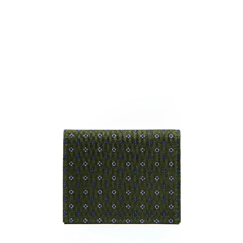 DARK GREEN SILK AND LEATHER FOLDING CARD HOLDER