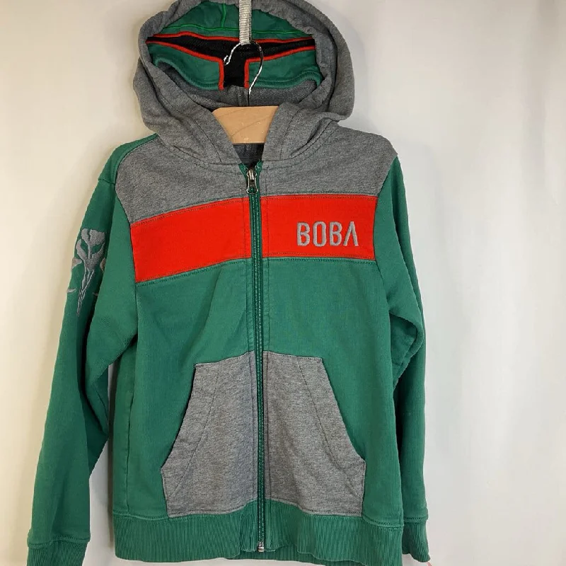 Size 6-7 (120): Hanna Andersson Green/Red/Grey Boba Fest Zip-Up Hoodie W/Mask