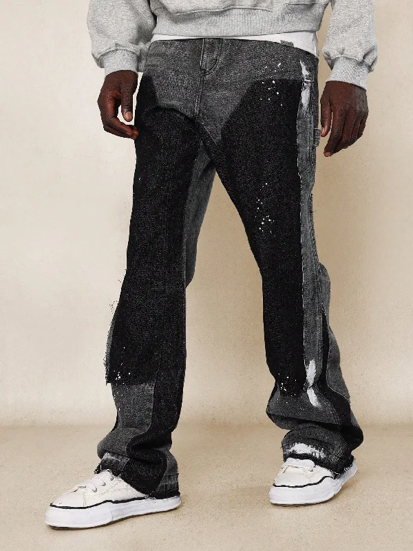 Flare Fit Washed Two Tone Carpenter Jean With Splatter Paint