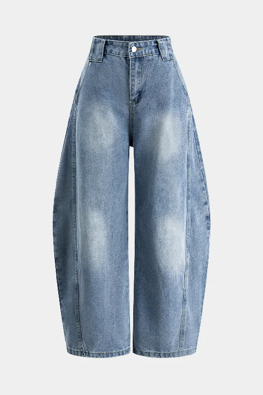 Denim Button Pocket Curve-Leg Wide Leg Barrel Jeans