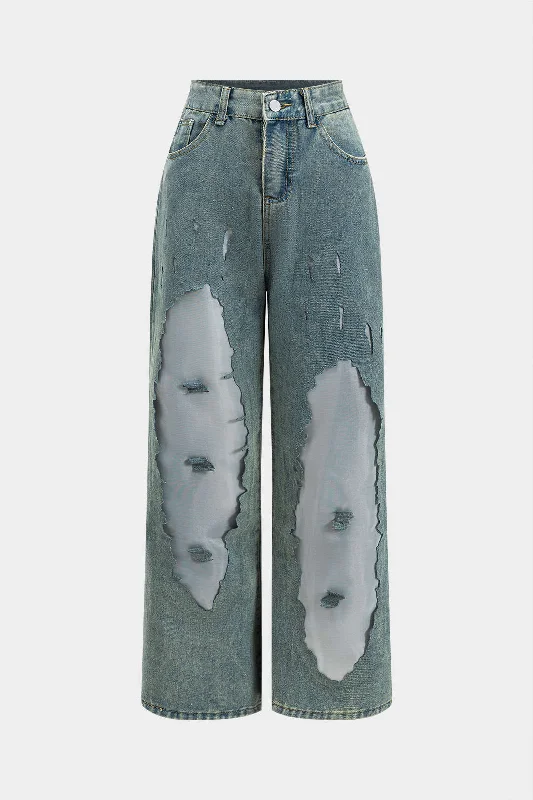 Denim Patchwork Mesh Button Pocket Cut Out Wide Leg Jeans