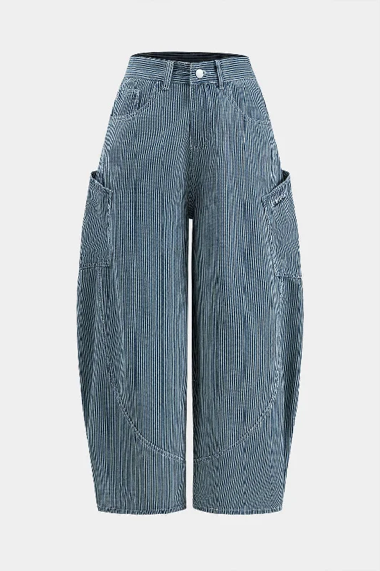 Letter Embroidery Denim Stripe Button Pocket Wide Leg Barrel Jeans