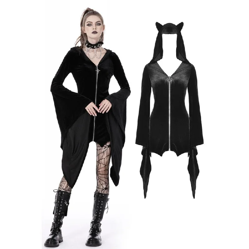 Women's Gothic Flared Sleeved Velvet Dress with Cat Ear Hood